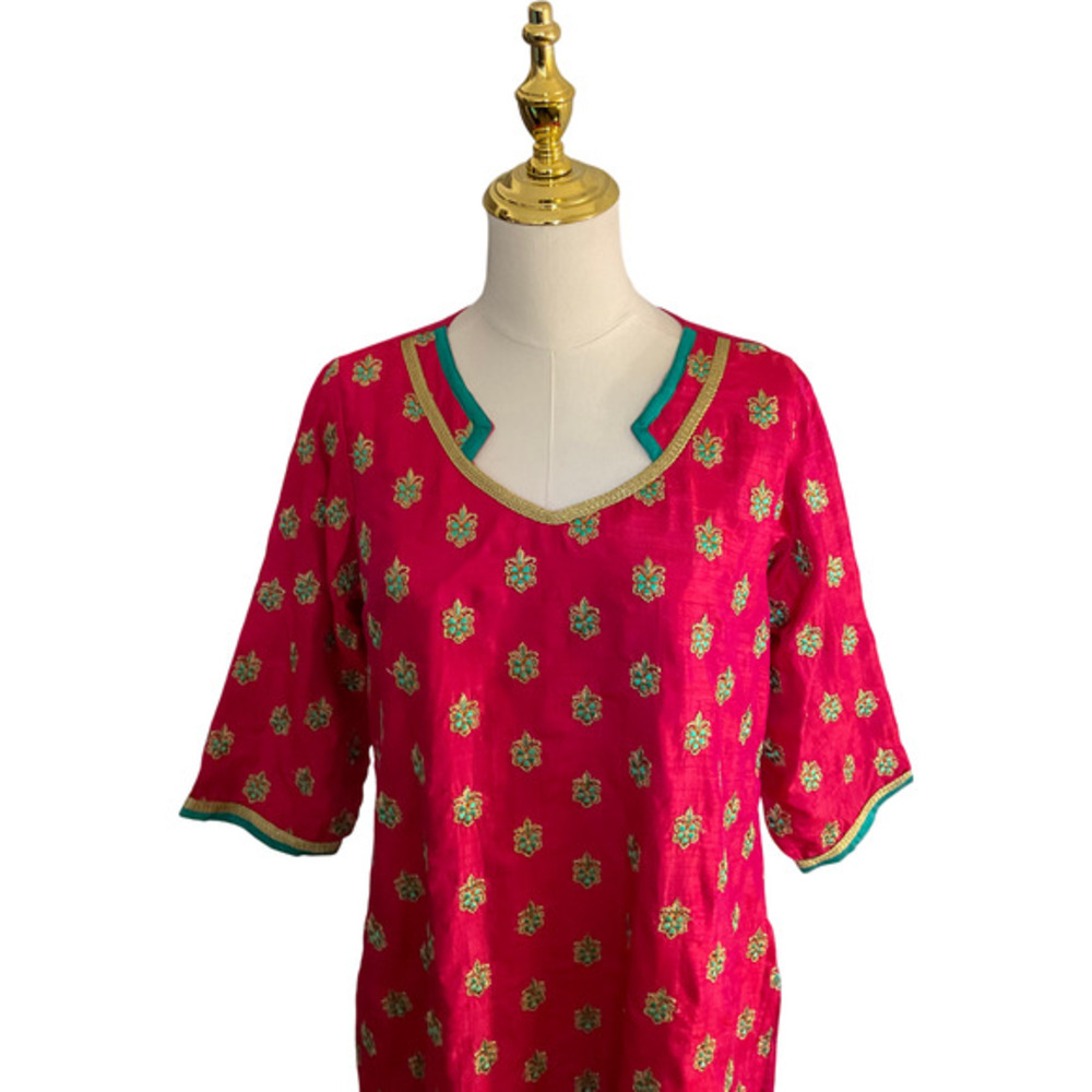 Pink Silk Blend Embroidered Kurta Tunic Teal Gold Floral Notched‎ V-Neck Festive - Picture 5 of 10